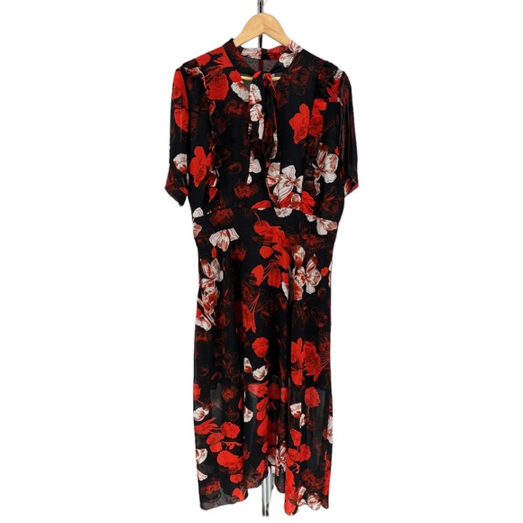 Red Black Floral Short Sleeve Tie Neck Maxi Dress size 14 NWT - Picture 2 of 11